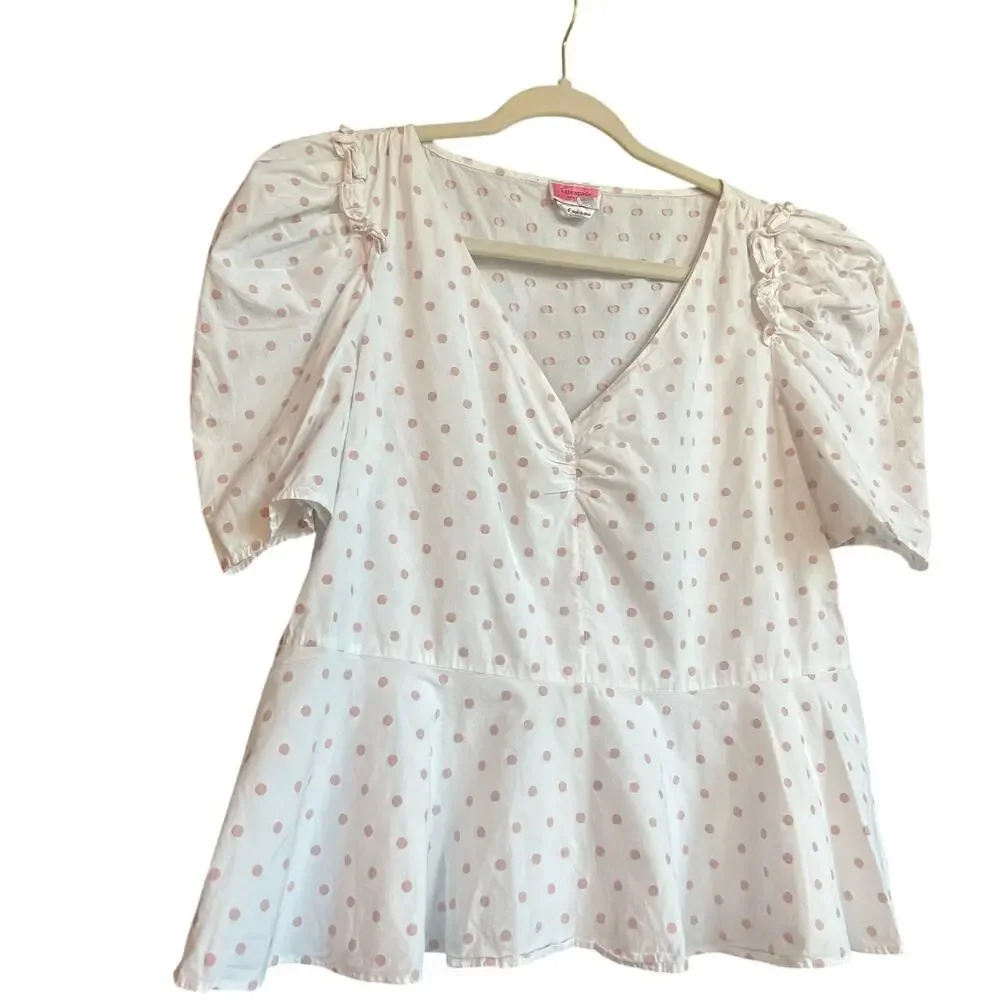Kate Spade Women's White with Pink Polka Dots Puff Sleeve Peplum‎ Blouse